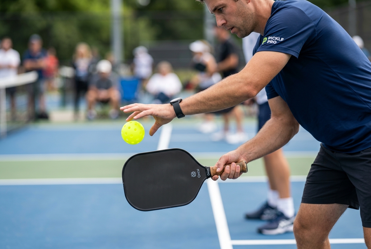 Pickleball raketi ve sarı top ile servise hazır oyuncu